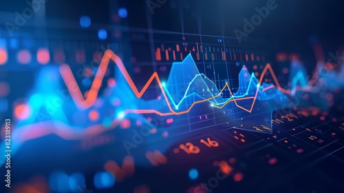 An in-depth look at a vibrant, high-resolution financial market analysis display showing fluctuating graphs and trading metrics on a dark background. photo