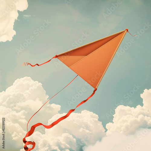 Playful kite-shaped business card mockup set against a cloud-patterned sky. photo