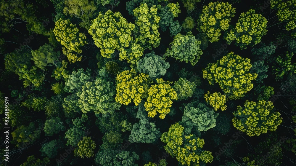 Drone's high-angle view of a dense, green forest in full bloom, capturing the essence of untouched nature.