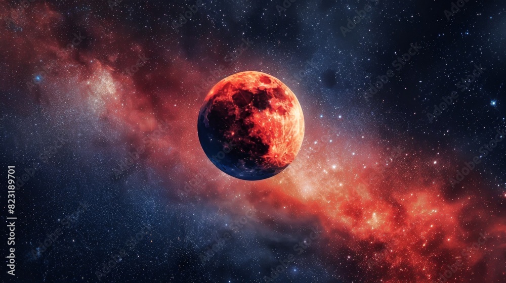 Total lunar eclipse showing the moon in deep red color, framed against star-filled sky, emphasizing vivid color contrast and celestial wonder. Concept of eclipse, space phenomena, astronomy event Total lunar eclipse showing the moon in deep red color, framed against star-filled sky, emphasizing vivid color contrast and celestial wonder. Concept of eclipse, space phenomena, astronomy event
