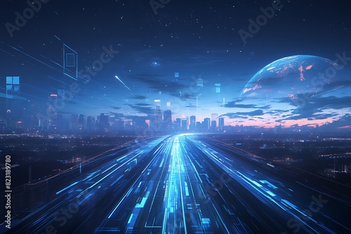 Abstract Futuristic Background: Glowing Blue Road Lines on Black