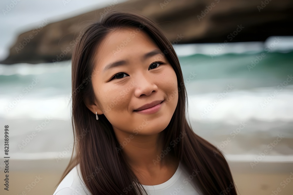a beautiful, Hawaiian, mixed race, happy surfer young woman, on a cold day on the beach, Joyful, Ocean, Waves, Surfboard, Smile, Windy, Coastal, Vibrant, Island, Tropical, Sporty, Energetic a beautiful, Hawaiian, mixed race, happy surfer young woman, on a cold day on the beach, Joyful, Ocean, Waves, Surfboard, Smile, Windy, Coastal, Vibrant, Island, Tropical, Sporty, Energetic