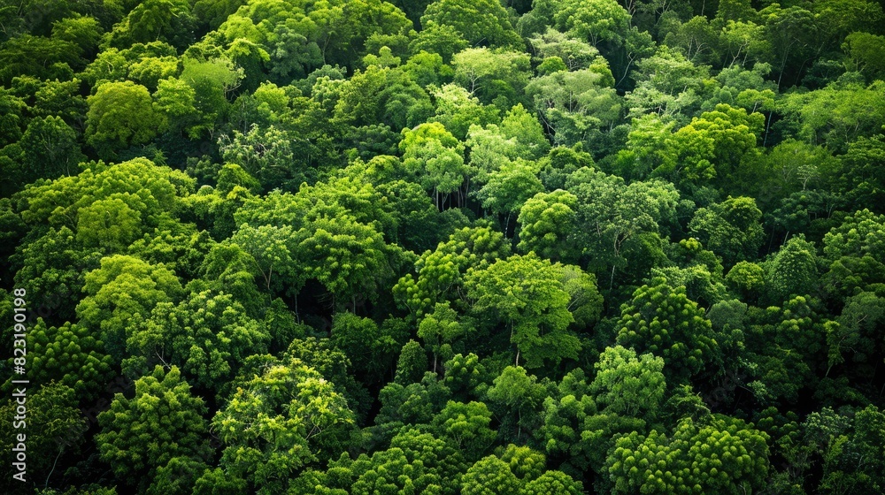 Naklejka premium High-angle shot of a lush, green forest with diverse tree species forming a rich tapestry of foliage.