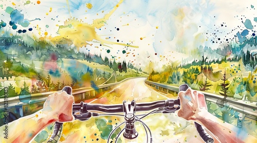Watercolor illustration of hands on bicycle handlebars riding down a country road. Cycling through nature. Concept of adventure, freedom, outdoor activity, and landscape photo