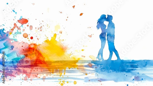 Silhouette of a couple kissing in watercolor art. Lovers in blue against a vibrant splash of colors. Concept of romance, abstract design, togetherness, leisure, date, relationship, holiday