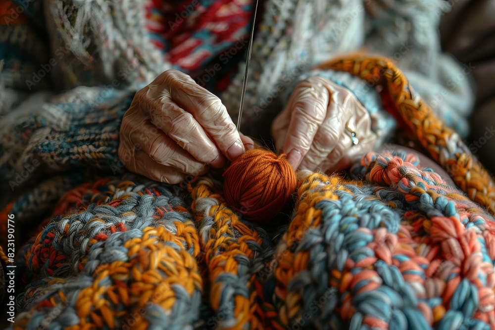 Person knitting blanket yarn ball Person knitting blanket yarn ball