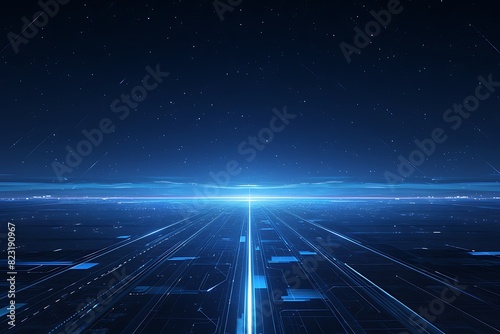 Abstract Futuristic Background: Glowing Blue Road Lines on Black