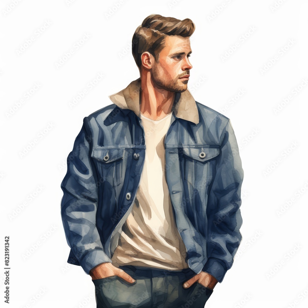 Artistic illustration of a stylish man in a denim jacket, exuding confidence and modern fashion trends.