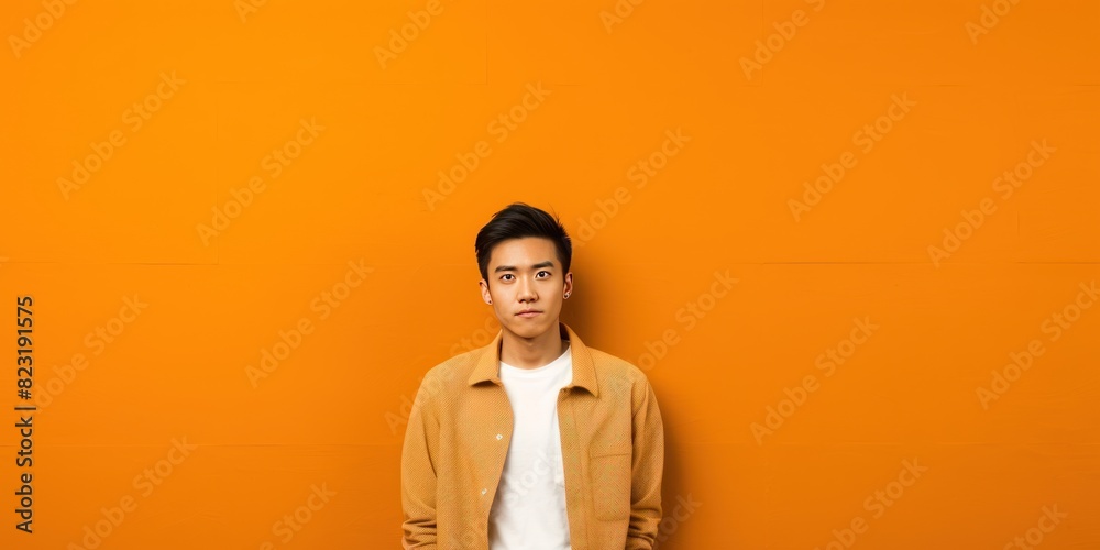 Orange background sad asian man realistic person portrait of young teenage beautiful bad mood expression boy Isolated on Background depression anxiety fear burn out health