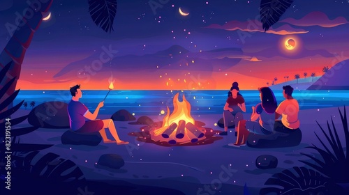 A Beach Bonfire Party With Friends Roasting Marshmallows And Sharing Stories, Cartoon ,Flat color