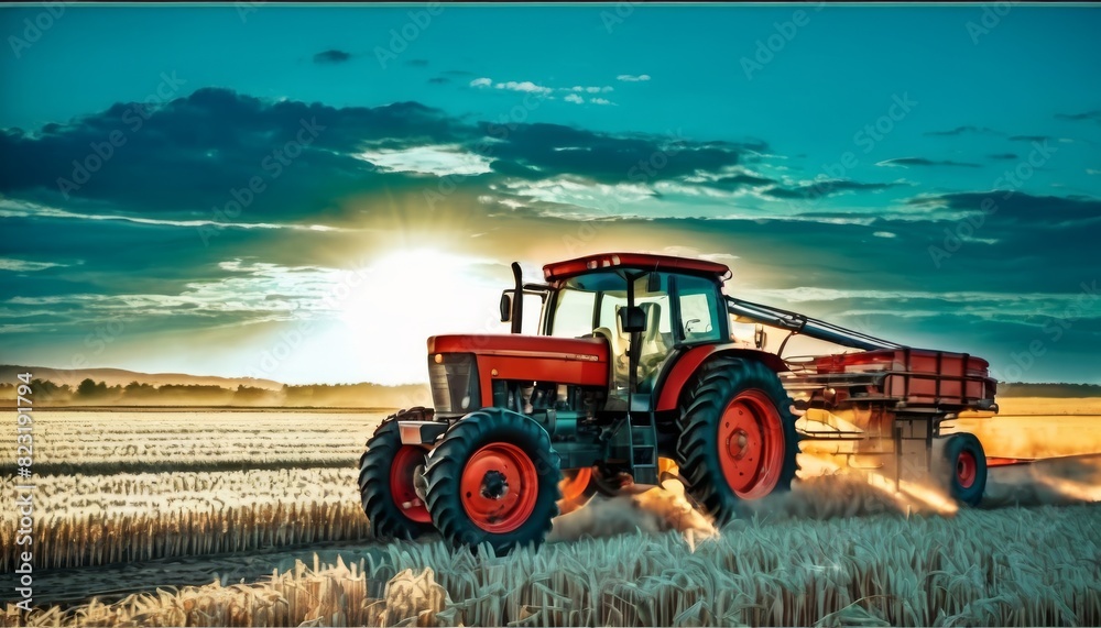 Fototapeta premium A red tractor with a plow attachment works in a wheat field against a vibrant sunset, highlighting agricultural productivity.. AI Generation