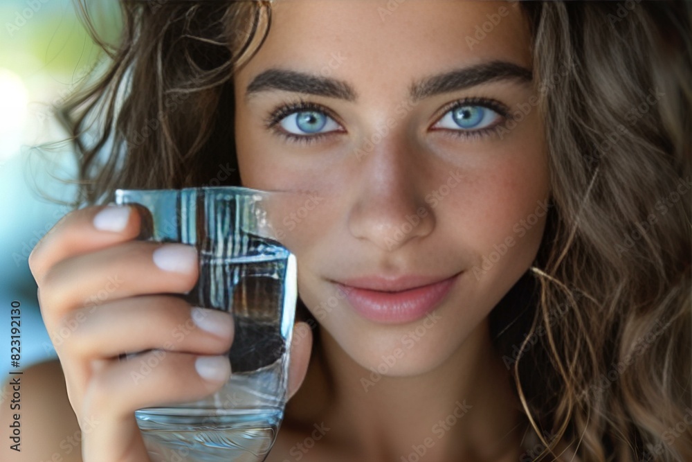 Woman holding a glass of water and looking at the camera Woman holding a glass of water and looking at the camera