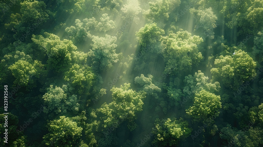 Top-down view of a vast, lush forest with patches of sunlight breaking through the canopy, creating a beautiful pattern. Top-down view of a vast, lush forest with patches of sunlight breaking through the canopy, creating a beautiful pattern.