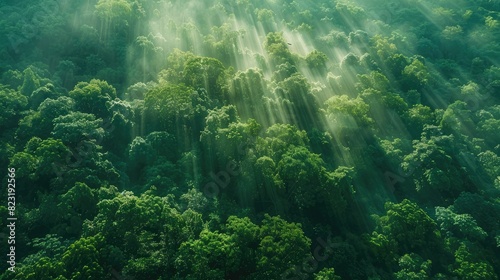 Top-down view of a vast  lush forest with patches of sunlight breaking through the canopy  creating a beautiful pattern.