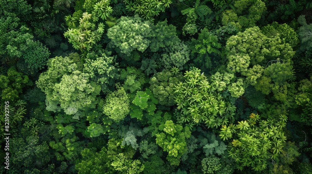 Top-down view of an expansive, verdant forest, showcasing the varying shades of green in the treetops.