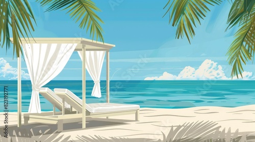 A Beach Cabana With White Curtains Fluttering In The Breeze  Cartoon  Flat color