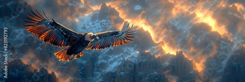 Atop mistshrouded peaks of the Andes a majestic condor soars on thermals high above the rugged terrain