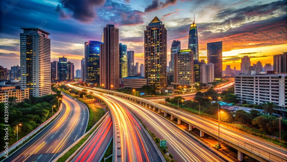 Light Traffic Flow on Evening Highway in City with Modern High Buildings