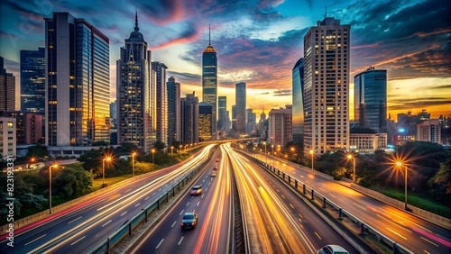 Evening Cityscape with Light Traffic Flow on Modern Highway