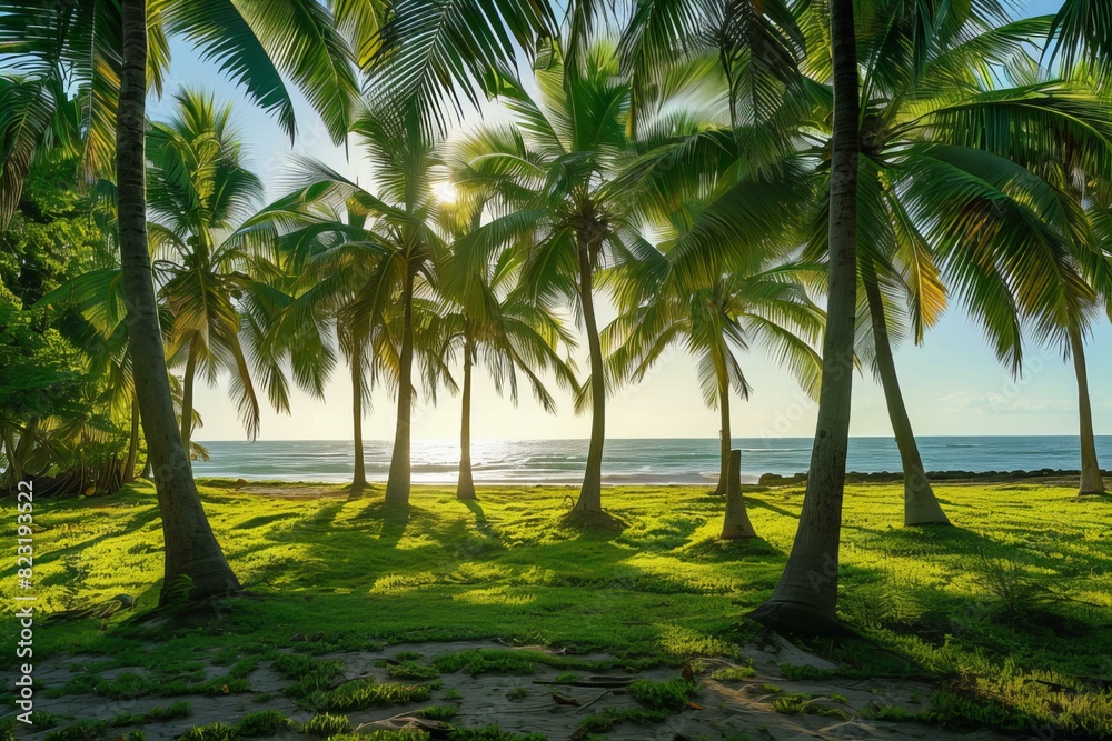 Palm trees ocean grassy area view