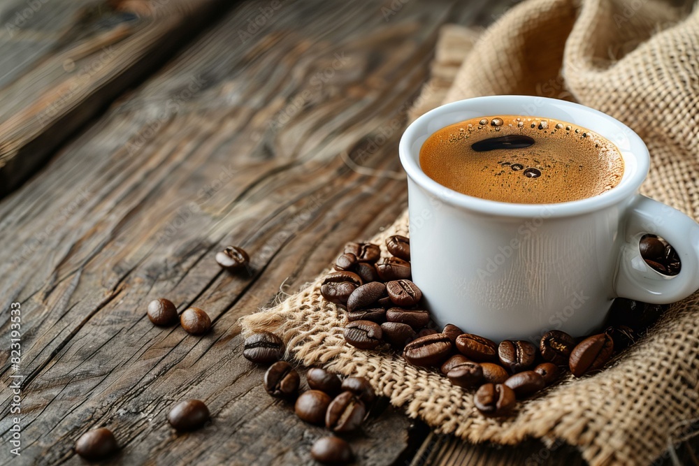 Cup of hot coffee on burlap Cup of hot coffee on burlap