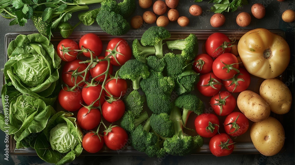 Healthy food items like tomatoes, lettuce, broccoli, potatoes etc. top down view. Generative AI. Healthy food items like tomatoes, lettuce, broccoli, potatoes etc. top down view. Generative AI.