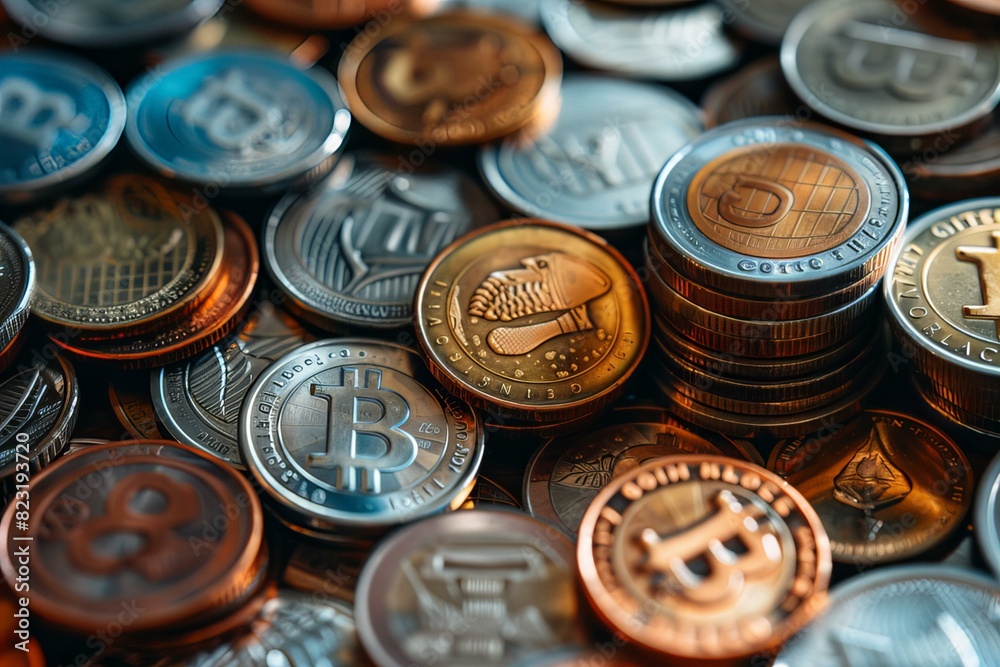 Pile of coins with bitcoin on top Pile of coins with bitcoin on top