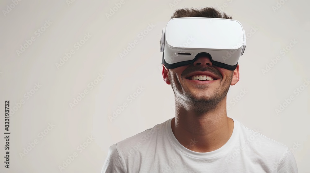A man joyfully wearing white virtual reality glasses on a flat white background. Generative AI A man joyfully wearing white virtual reality glasses on a flat white background. Generative AI
