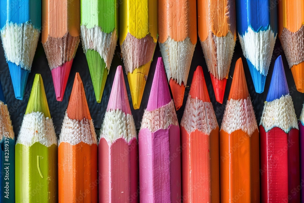 Row of brightly colored pencils on black surface Row of brightly colored pencils on black surface