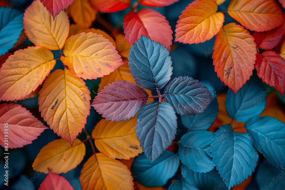 Colorful leaves in close up with a green leaf