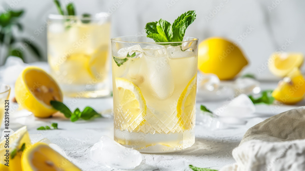 Fototapeta premium Refreshing summer cocktails with lemon vodka, garnished with lemon slices and mint leaves, served chilled on a white table.