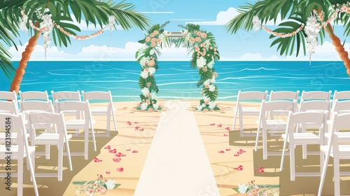 A Beach Wedding Ceremony, White Chairs Arranged In The Sand, A Floral Archway, Cartoon ,Flat color