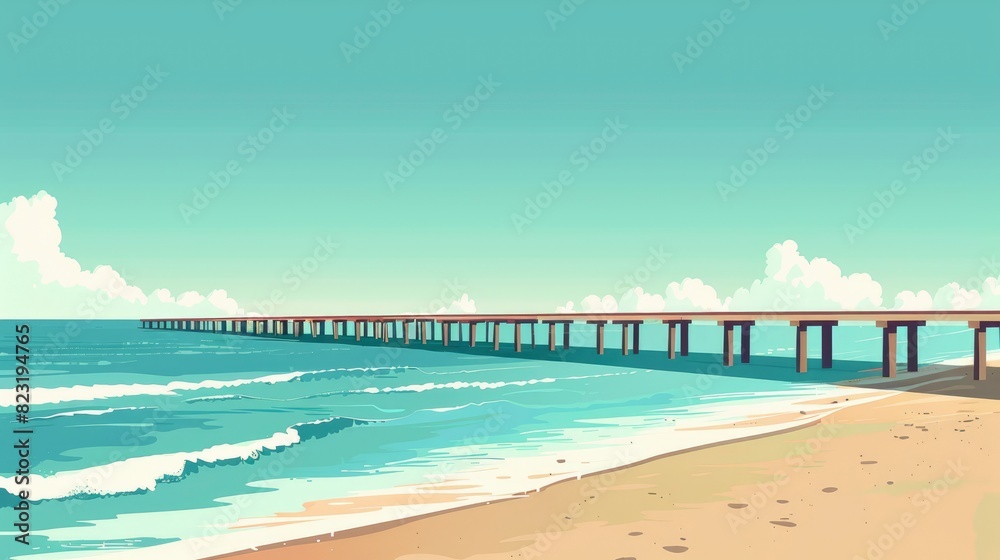 A Beach With A Long Wooden Pier Stretching Out Into The Ocean, Cartoon ,Flat color