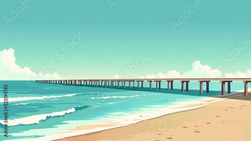 A Beach With A Long Wooden Pier Stretching Out Into The Ocean, Cartoon ,Flat color © Moon Art Pic