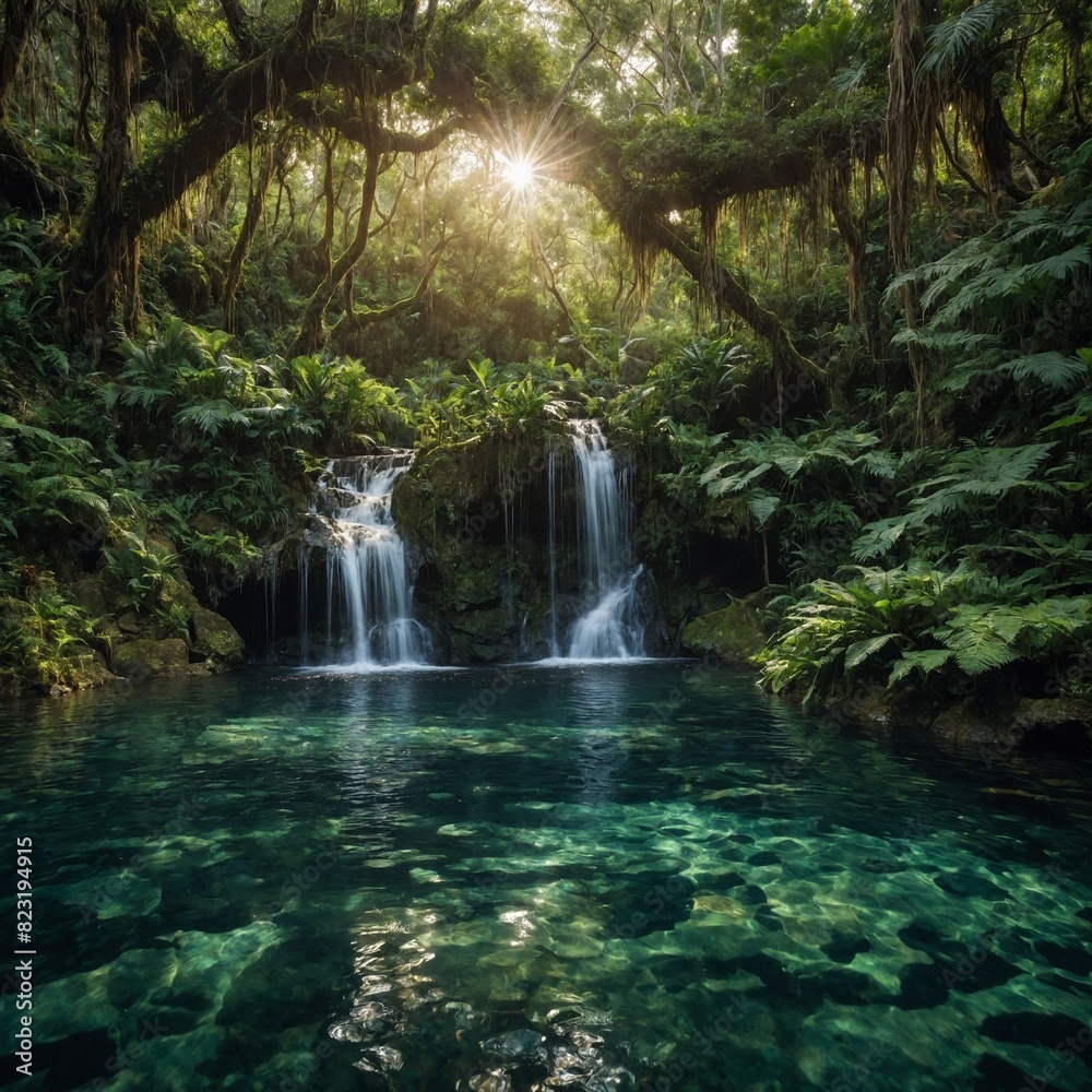 A serene hobbit waterfall hidden deep within a lush forest, its waters cascading into a clear, sparkling pool below.

