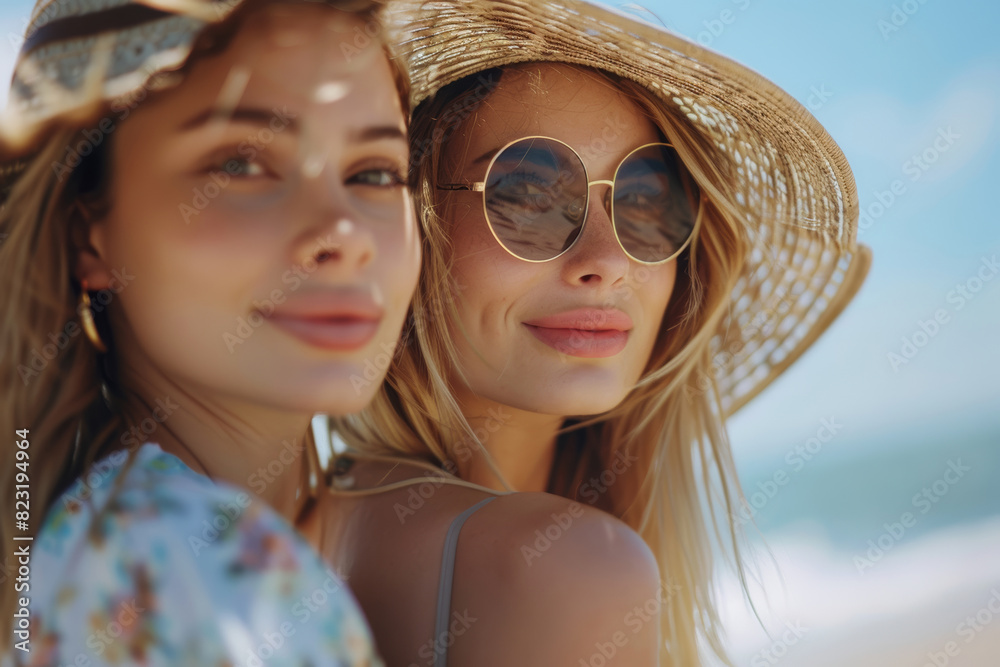 Young Woman in Sunglasses and Straw Hat on Beach Young Woman in Sunglasses and Straw Hat on Beach