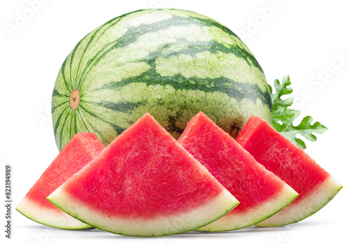 Seedless watermelon and water melon slices isolated on white background. File contains clipping path.