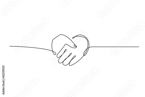 Heart handshake continuous line drawing. Love shaking hands. Business deal linear symbol. Vector illustration isolated on white.