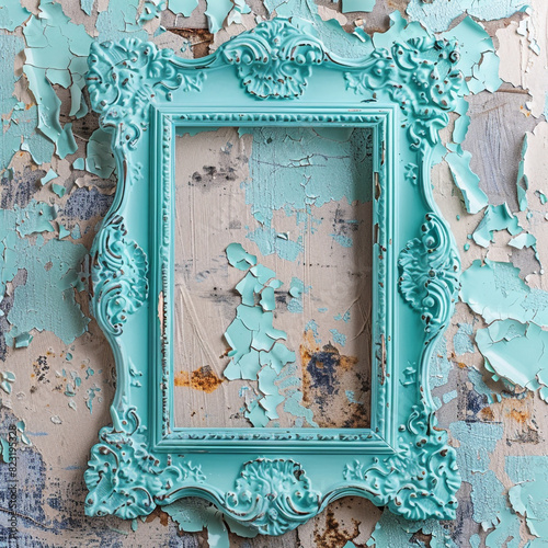 Peeling paint wallpaper in sea tones holds a compact turquoise ornate frame. photo