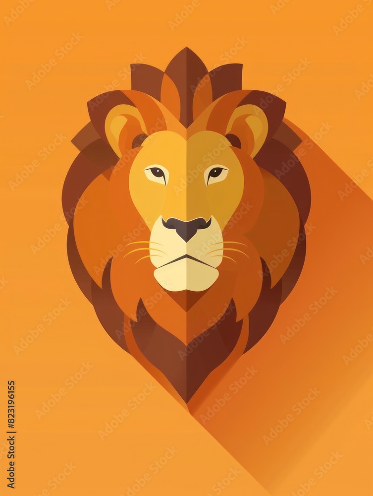 Obraz premium Modern flat design lion head illustration on orange background, perfect for digital projects, websites, and graphic design.