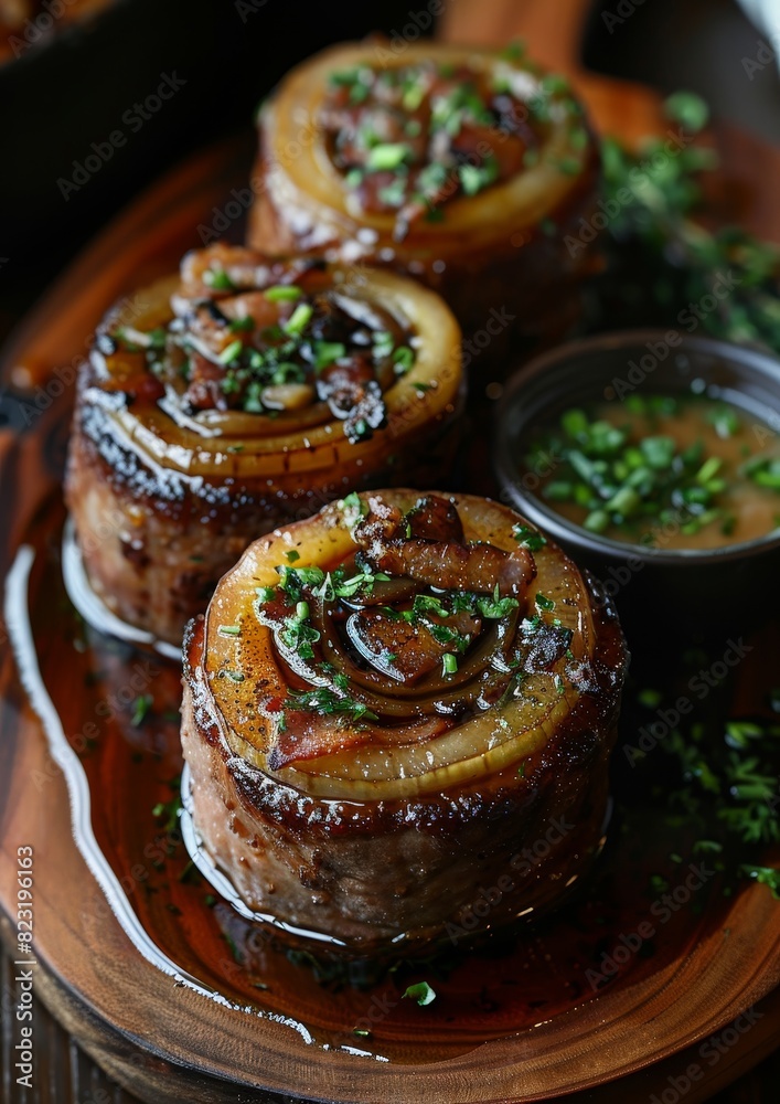 Rouladen - Beef rolls filled with bacon, onions, and pickles, served with gravy. Rouladen - Beef rolls filled with bacon, onions, and pickles, served with gravy.