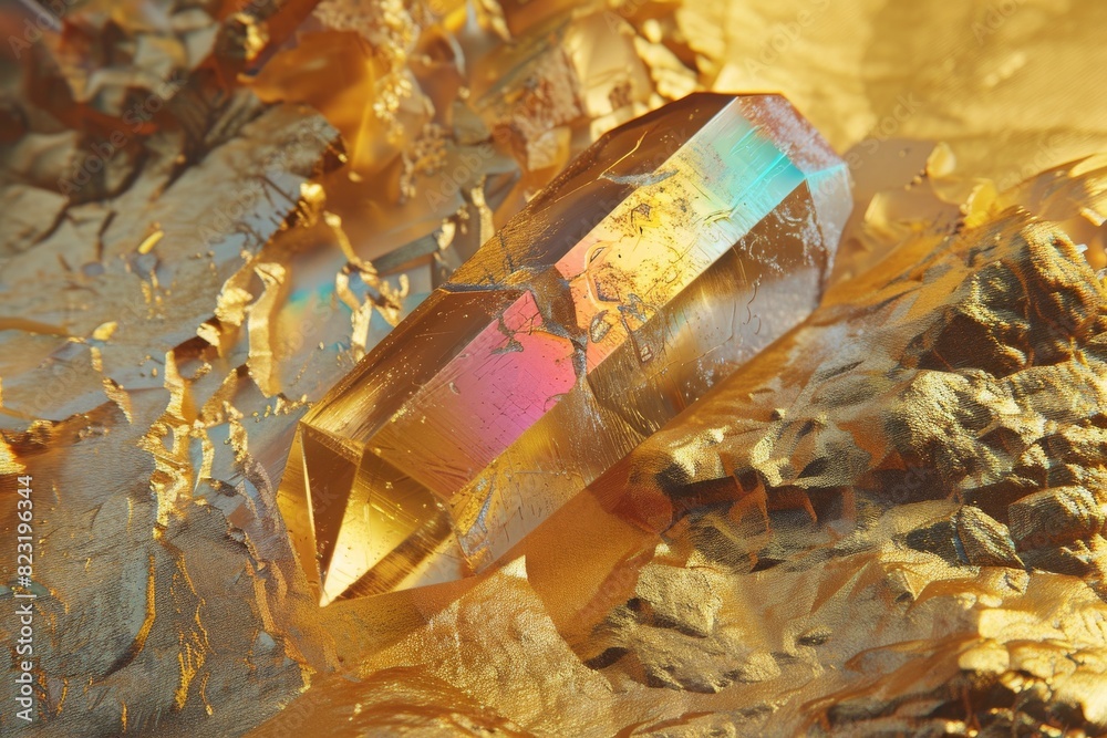 Golden Crystal, Yellow Color Stone, Rainbow Gem, Gold Background Golden Crystal, Yellow Color Stone, Rainbow Gem, Gold Background