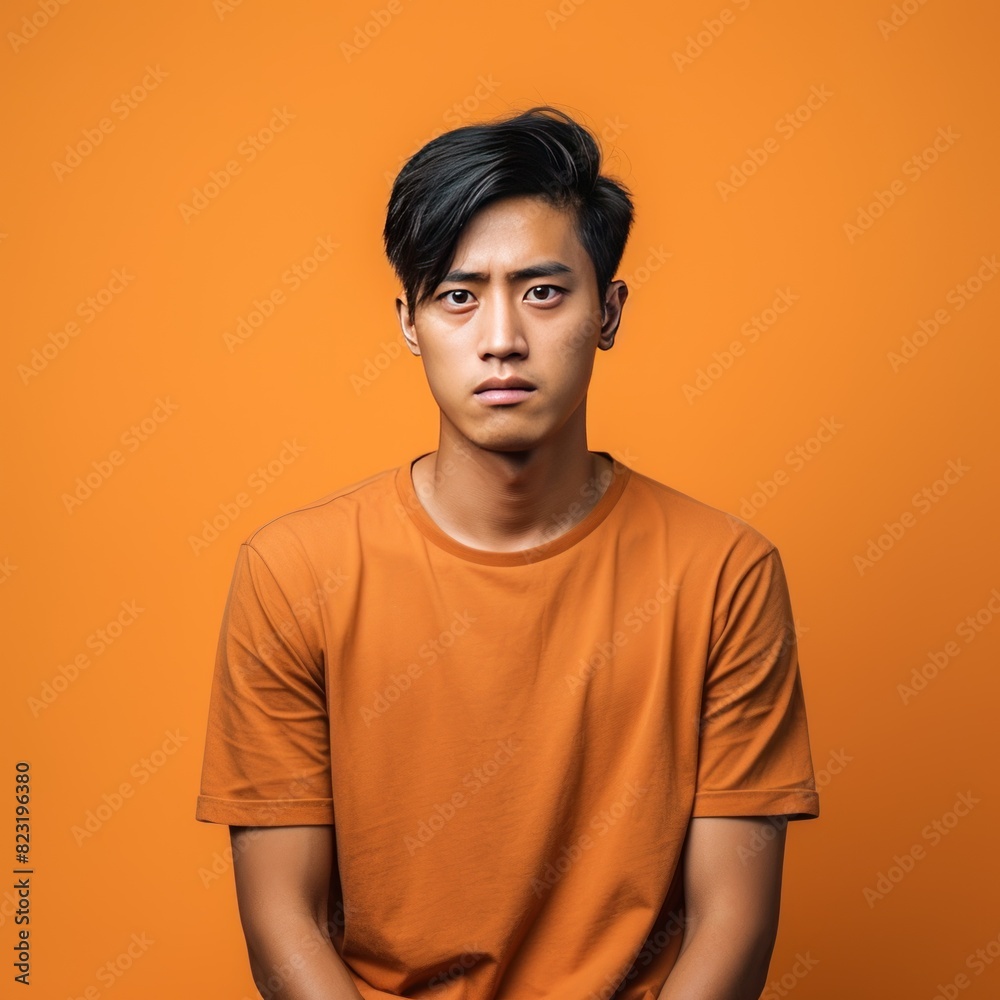 Orange background sad asian man realistic person portrait of young teenage beautiful bad mood expression boy Isolated on Background depression anxiety fear burn out 