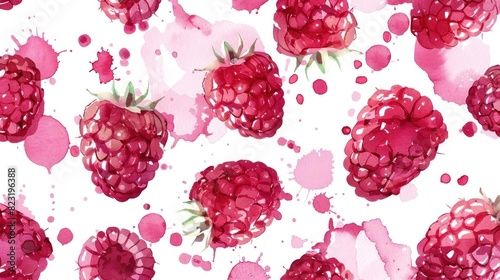 Pattern of vibrant watercolor raspberries on a white background. Perfect for wrapping paper, textiles, and design projects.