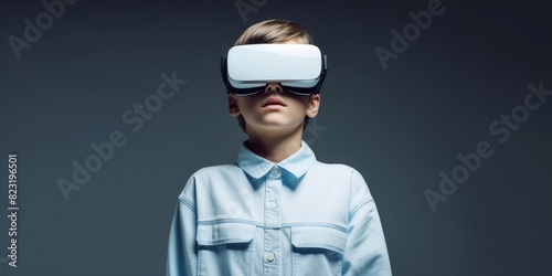 A charming boy with an inlaid shirt and light jeans stands on a gray background. The boy on his face glasses virtual reality Portrait of a boy on a gray background. Boy in the glasses of virtual reali photo