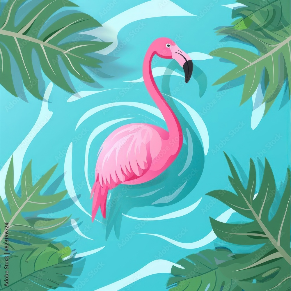 Obraz premium Vibrant pink flamingo swimming in a tropical pond surrounded by lush green leaves and clear blue water, creating a serene scene.