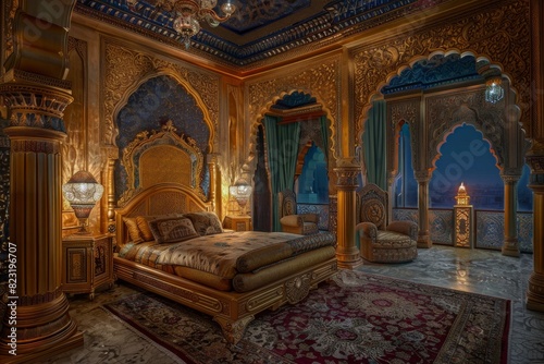 Sultan Luxurious Royal Bedroom at Night, Wealthy Middle East Bedroom Interior, Luxury Oriental Arab Hotel Room