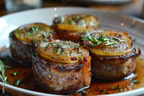 Rouladen - Beef rolls filled with bacon, onions, and pickles, served with gravy. 