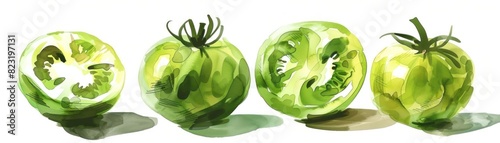 Watercolor illustration of four green tomatoes, showcasing sliced and whole views. Vibrant green tones and artistic detail create a lively image.