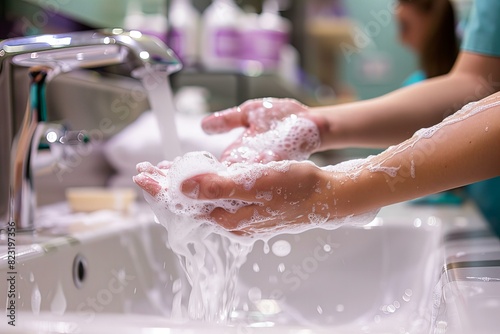 Person washing hands in bathroom sink